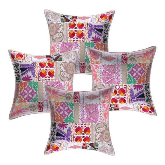 Stylo Culture Indian Cotton Decorative Throw Pillow Sham Covers White 16 x 16 Bohemian Vintage Patchwork Indian Couch Cushion Covers 40x40 cm Home Decor Floral Square Pillowcases | Set Of 4