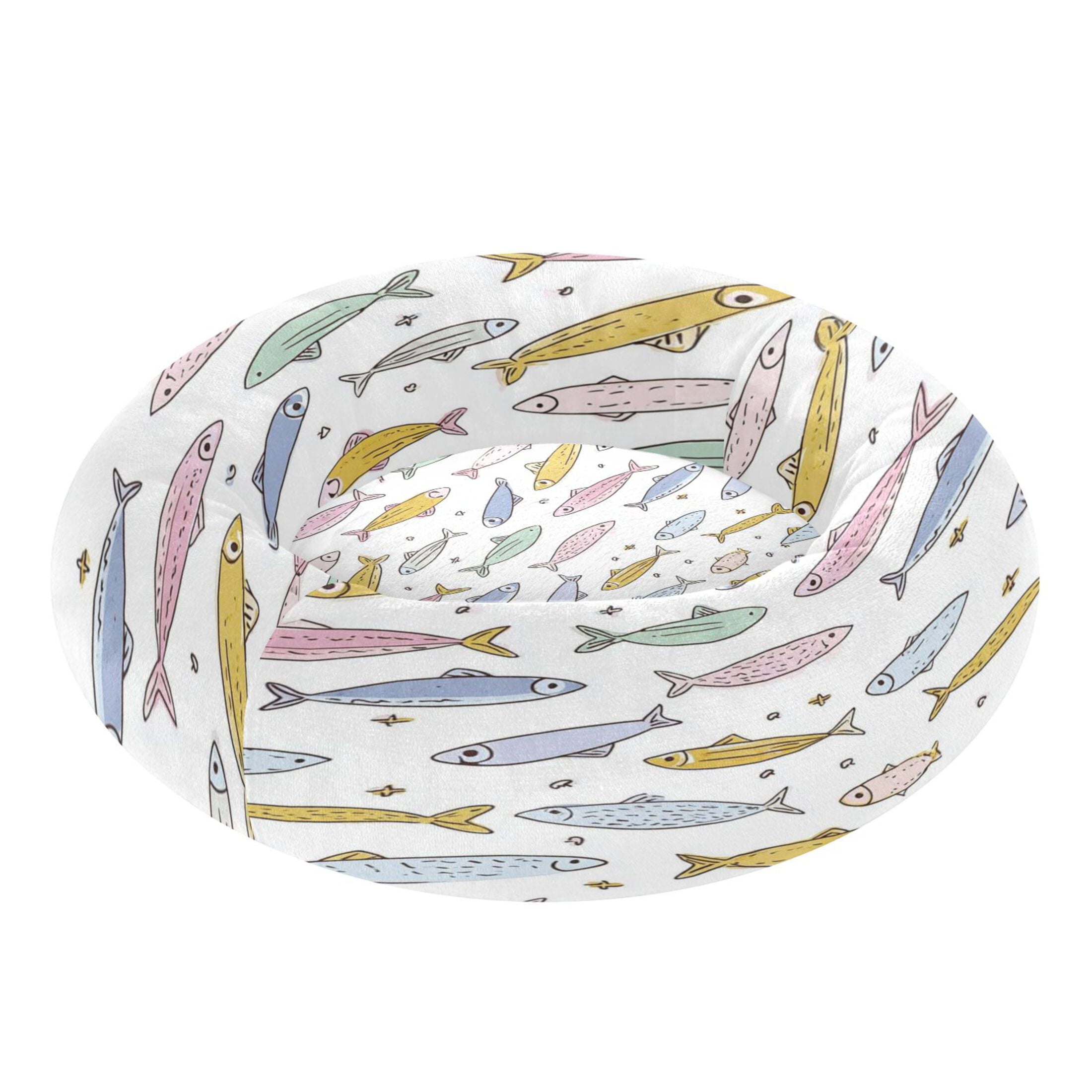 Iauyy Pet Couch Donut Cat Bed for Indoor Cats/Small Dogs Washable & Machine with Non-slip Bottom Calming Cat Furniture, Cartoon Sardines (M)