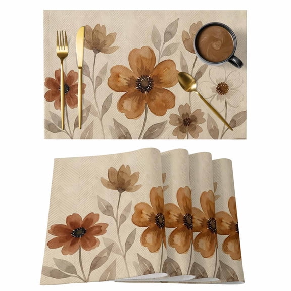 Brown Rustic Flower Placemats Set of 6 Watercolor Floral Leaves Retro Botanical Place Mats Indoor Wipeable Table Mats Washable Dining Table Placemats for Kitchen Holiday Party Home Decor 13x19 Inch