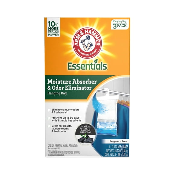 Arm & Hammer Essentials Hanging Moisture Absorber and Odor Eliminator 17.5 oz. 3 Pack Fragrance Free Moisture Absorbers for Closets Laundry Rooms and Bedrooms Long-Lasting Freshness