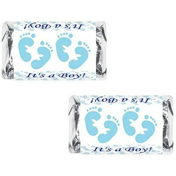 60 Blue Footprints Baby Shower Miniatures Candy Bar Wrapper, Its a Boy Baby Shower Miniatures Candy Bar Stickers Decorations, Candy Not Included