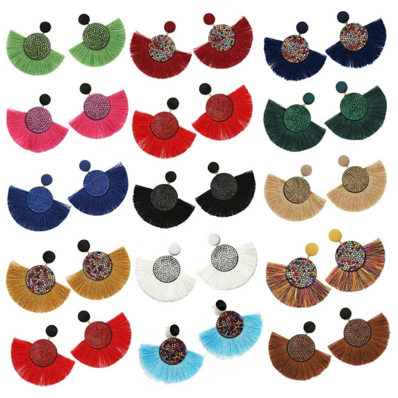 Jiaroswwei Bohemia Women Fan Shape Tassel Rhinestone Inlaid Ear Stud Earrings Jewelry Gift