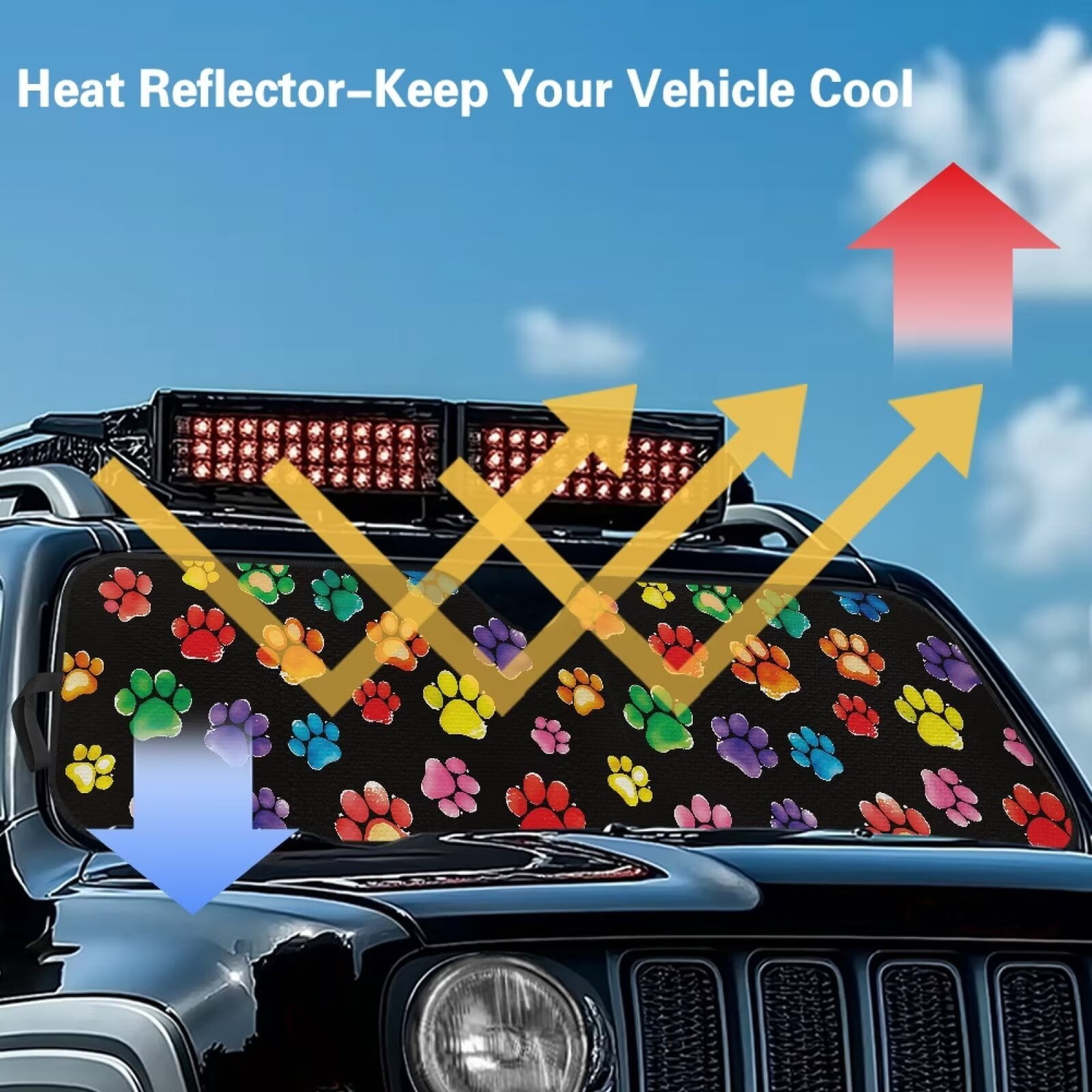 Uorisanigo Windshield Sun Shade for 2018-2024 Jeep Wrangler JL JLU & Gladiator JT, Foldable Colorful Puppy Dog Paw Windshield Sunshade Sun Visor Blocks UV Rays, Car Accessiores