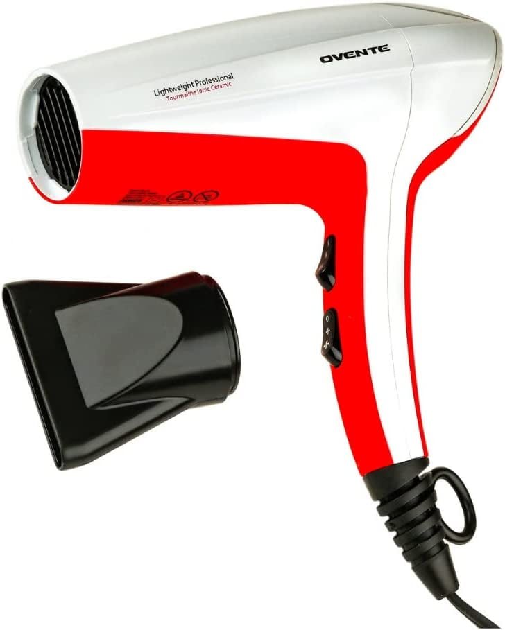OVENTE 1875 Watt Lightweight Hair Dryer, Ionic & Tourmaline Technology, White & Red X2210W