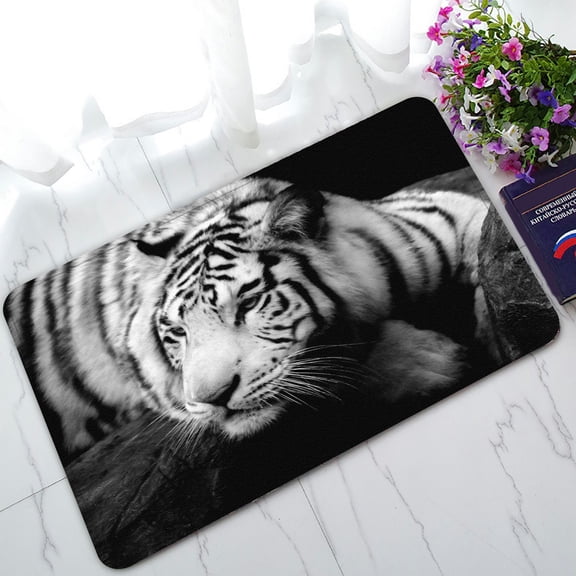 PHFZK Animal Doormat, Lazy Siberian Tiger Black and White Doormat Outdoors/Indoor Doormat Home Floor Mats Rugs Size 30x18 inches