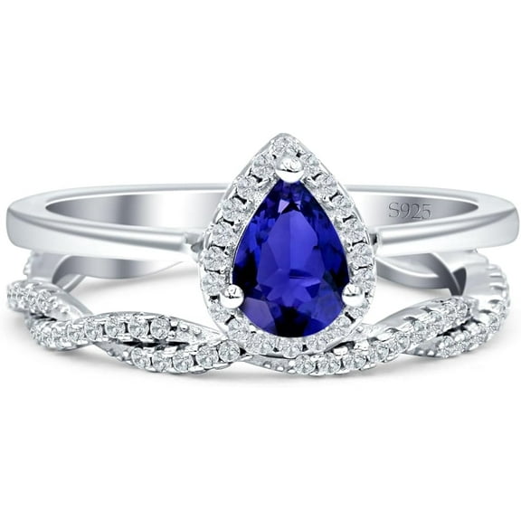 Divine Creation 2.35 Ct Pear Cut Blue Sapphire Wedding Christmas Thanksgiving Bridal Ring Set 14K White Gold Plated 925 Sterling Silver For Women's -6.5