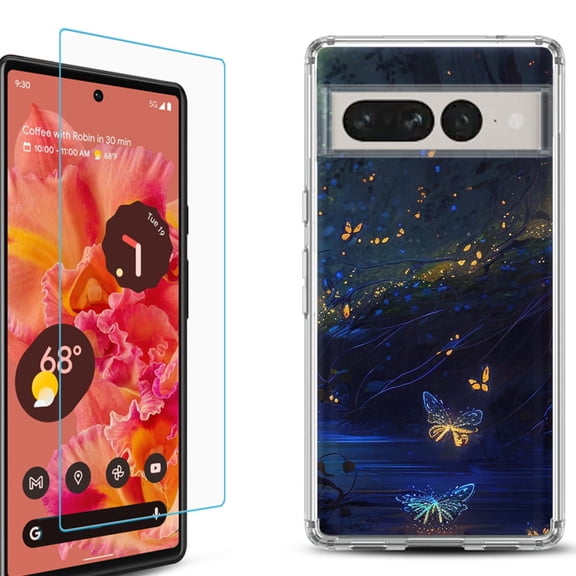 Shockproof Bumper Phone Case for Google Pixel 7, with Tempered Glass Screen Protector, by OneToughShield ® - Fireflies Butterfly