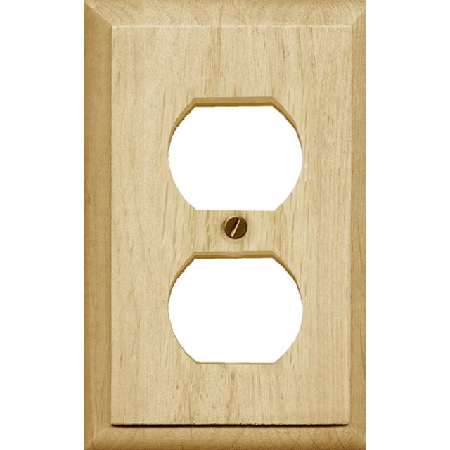 Atron Electro Industries Traditional Unfinished Wood Duplex Wall Plate showing a front-facing rectangular unfinished wood plate with two octagonal openings for duplex outlets and a central mounting screw, designed for easy painting or staining to match home electrical décor.
