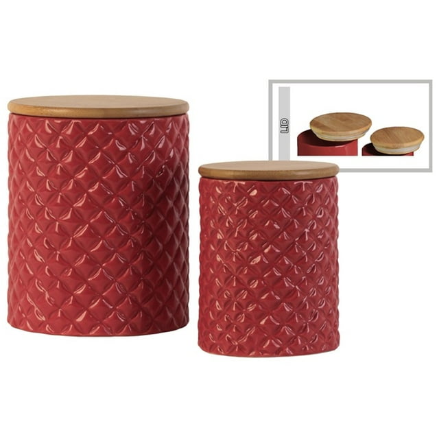 Boîte Cylindrique en Céramique avec Motif Losange, Ensemble de 2, Rouge