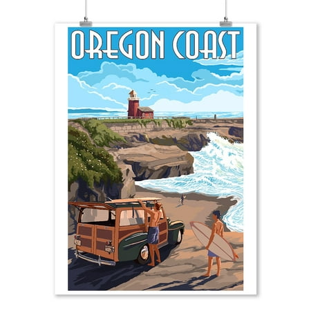 Oregon Coast - Woody and Lighthouse - Recolor - Lantern Press Artwork (9x12 Art Print, Wall Decor Travel