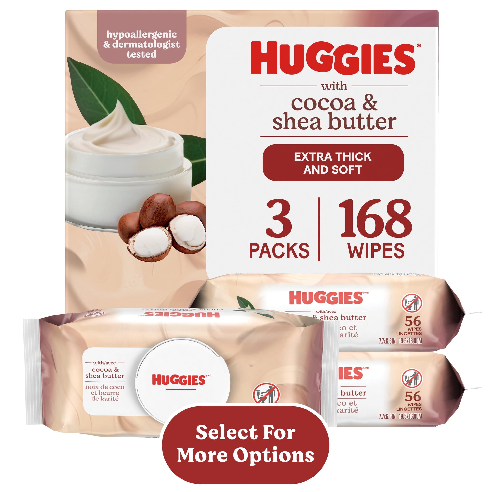 Huggies Sensitive Skincare Baby Wipes with Cocoa & Shea Butter, 3 Flip-Top Packs, 168 Total Count