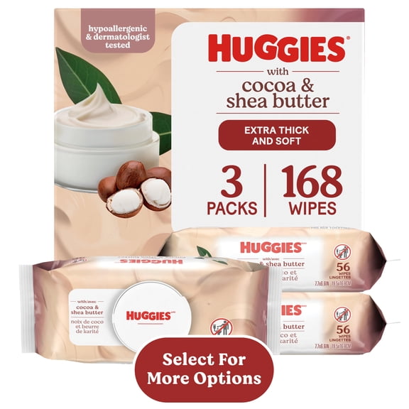 Huggies Sensitive Skincare Baby Wipes with Cocoa & Shea Butter, 3 Flip-Top Packs, 168 Total Count