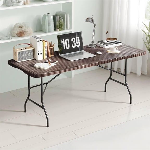 Topcobe 6 ft Portable Folding Table with Rattan-Like HDPE Tabletop and Safe Lock Mechanism, Outdoor Patio Furniture for Garden Backyard Pool Deck-Brown