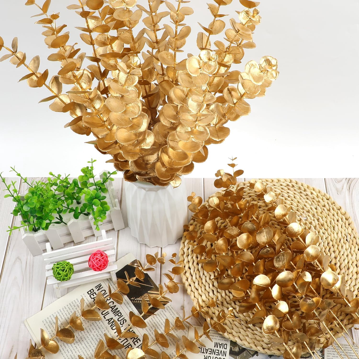 Asisol 40 Pieces Gold Artificial Eucalyptus Stems, Gold Leaves Artificial Flowers Fall Floral Arrangement Artificial Eucalyptus Flower for Gold Decor Wedding Party Bouquet Home Décor
