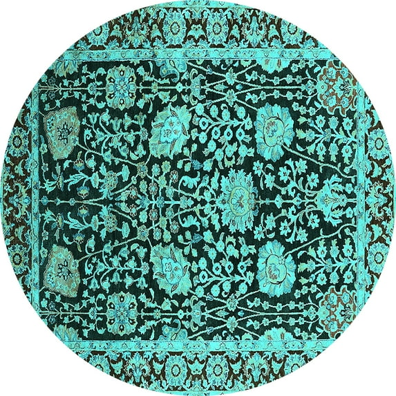 Ahgly Company Indoor Round Oriental Turquoise Blue Industrial Area Rugs, 3' Round