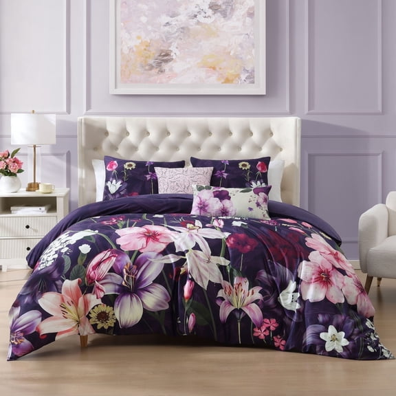 Bebejan Morning Glory 5 Piece Comforter Set, Purple, Queen, 100% Cotton Sateen, Reversible, All Season, Cozy Comfort