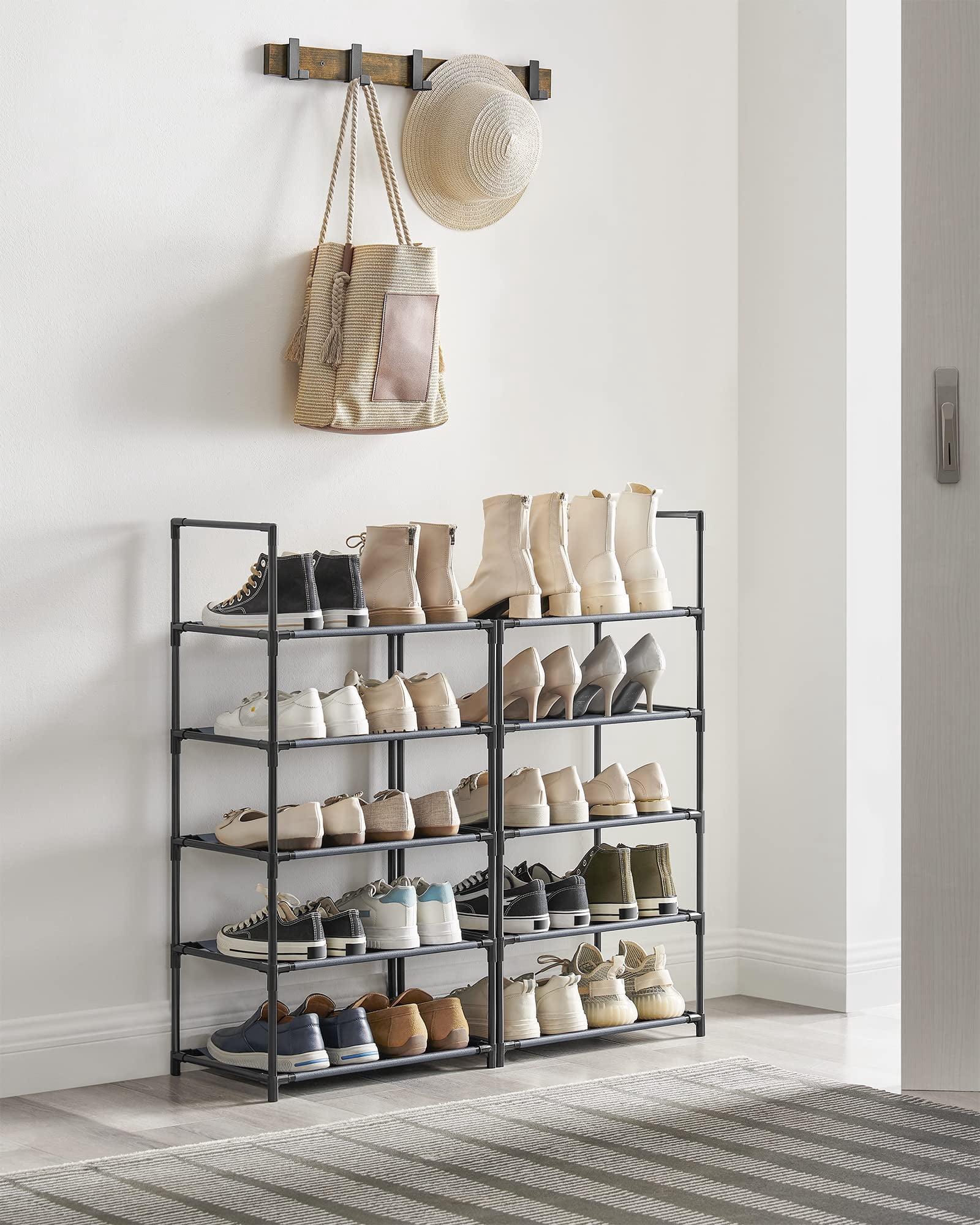 Songmics Shoe Rack  10-tier Shelf Storage Organizer 11 X 17.7 68 Inches Metal Frame Non-woven Fabric Shelves For Entryway Bedroom Gray Ulsh010g01