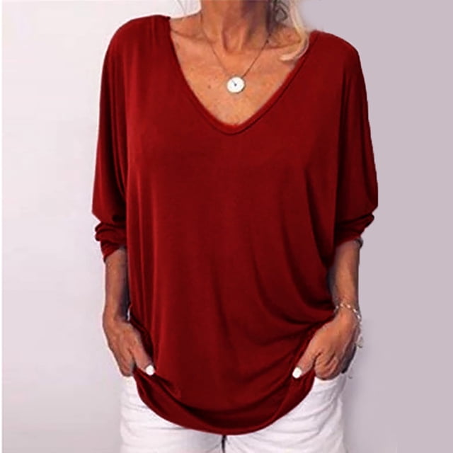 CEHVOM Women's Summer Fashion V-neck Bat 3/4 Sleeve Solid Color Tops