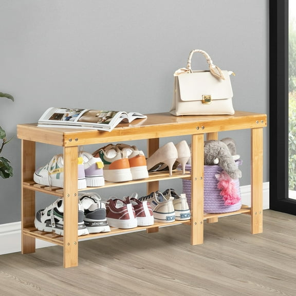 Ktaxon 35.5" Shoe Bench Entryway Storage Bench with 3-Tier Shoe Rack Organizer for Closet Living Room Bathroom, Natural Finish