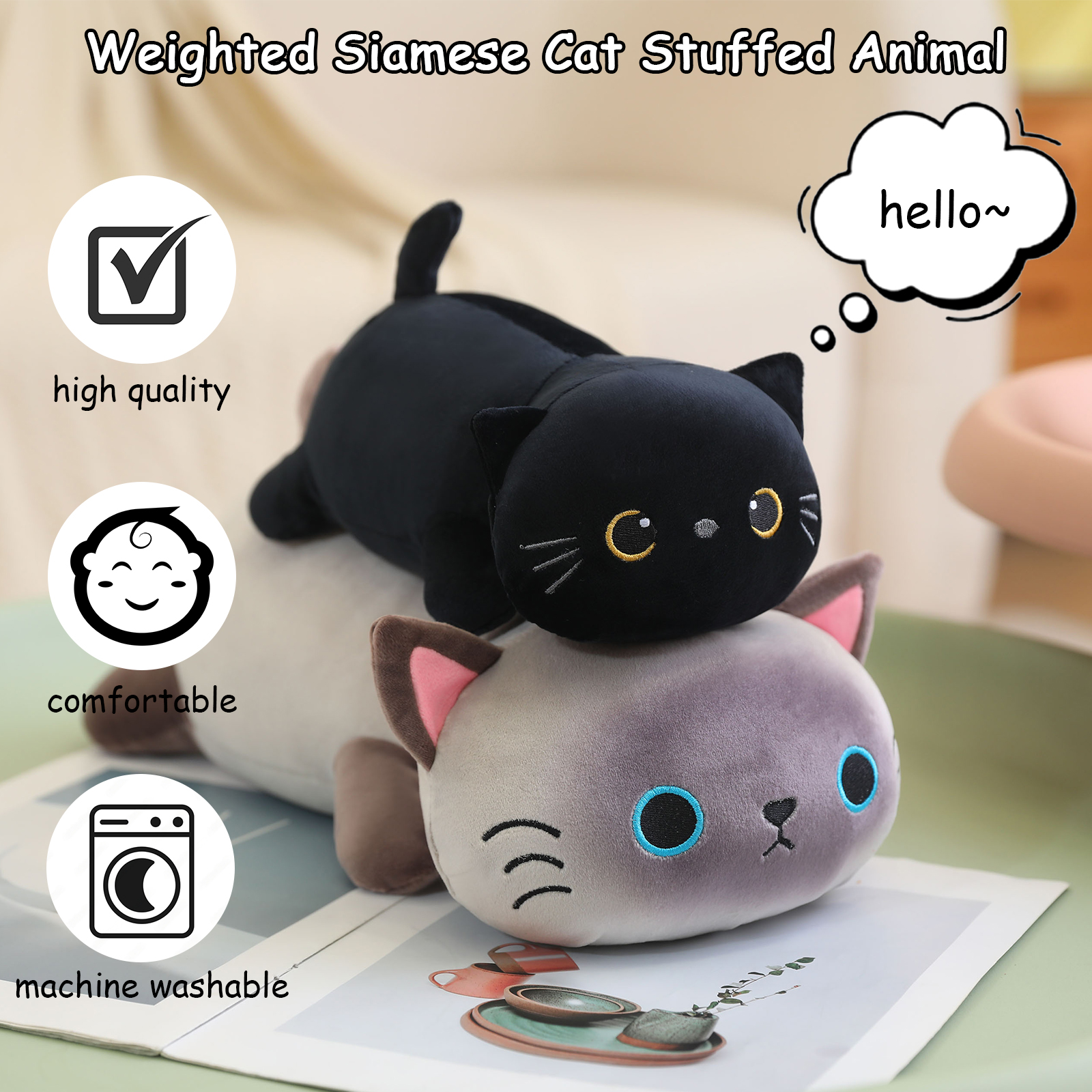 SQEQE Weighted Siamese Cat Plush, Cute Soft Pillow Toy Gift for Kids 23.6 Inch, 3.1 lbs