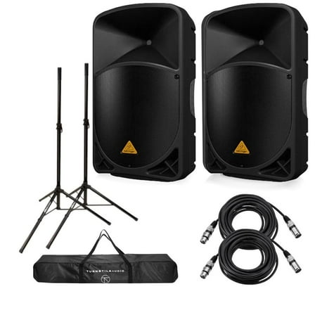 Behringer Behringer 2 Pack EUROLIVE B115D Active 1000-Watt 2-Way 15" PA Speaker System - Bundle with 2 Pack 25' XLR Microphone Cables, Turnstile Audio Height-Adjustable Tripod-Style Speaker Stands