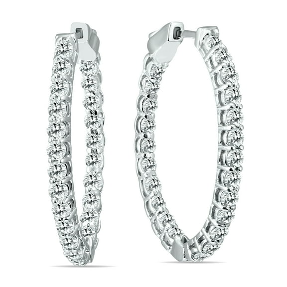 SZUL Women's 2 Carat TW Oval Diamond Hoop Earrings with Push Button Locks in 14K White Gold (K-L Color, I2-I3 Clarity)