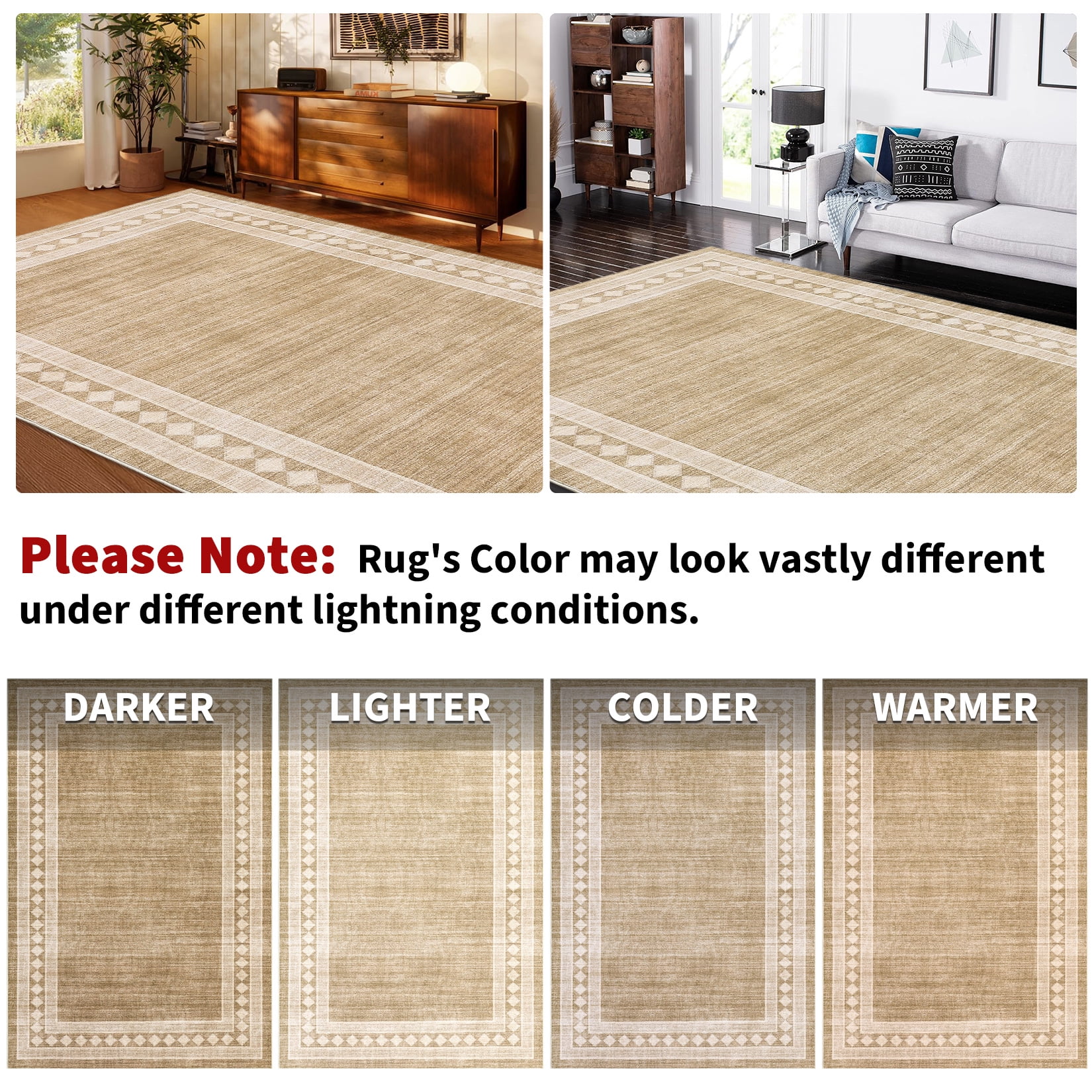 CAROMIO Solid Area Rug Washable Border Rug Modern Geometric Floor Decor Perfect for Living Dining Room, 2' x 6' Camel
