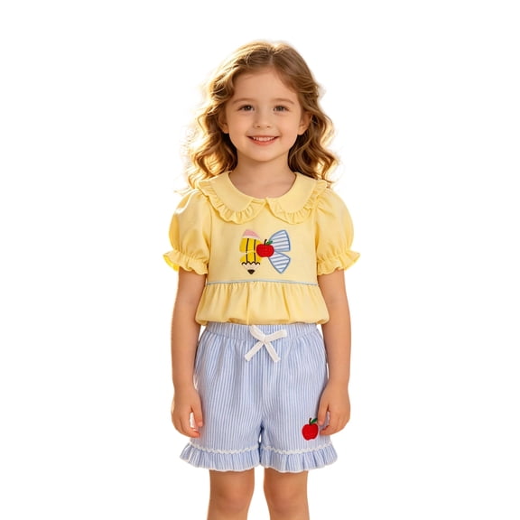 BOOMNY Girls Outfit 2 Peice Sets Back To School Graphic Puff Sleeve Tops Shorts Sets for Kids Soft Clothing Set