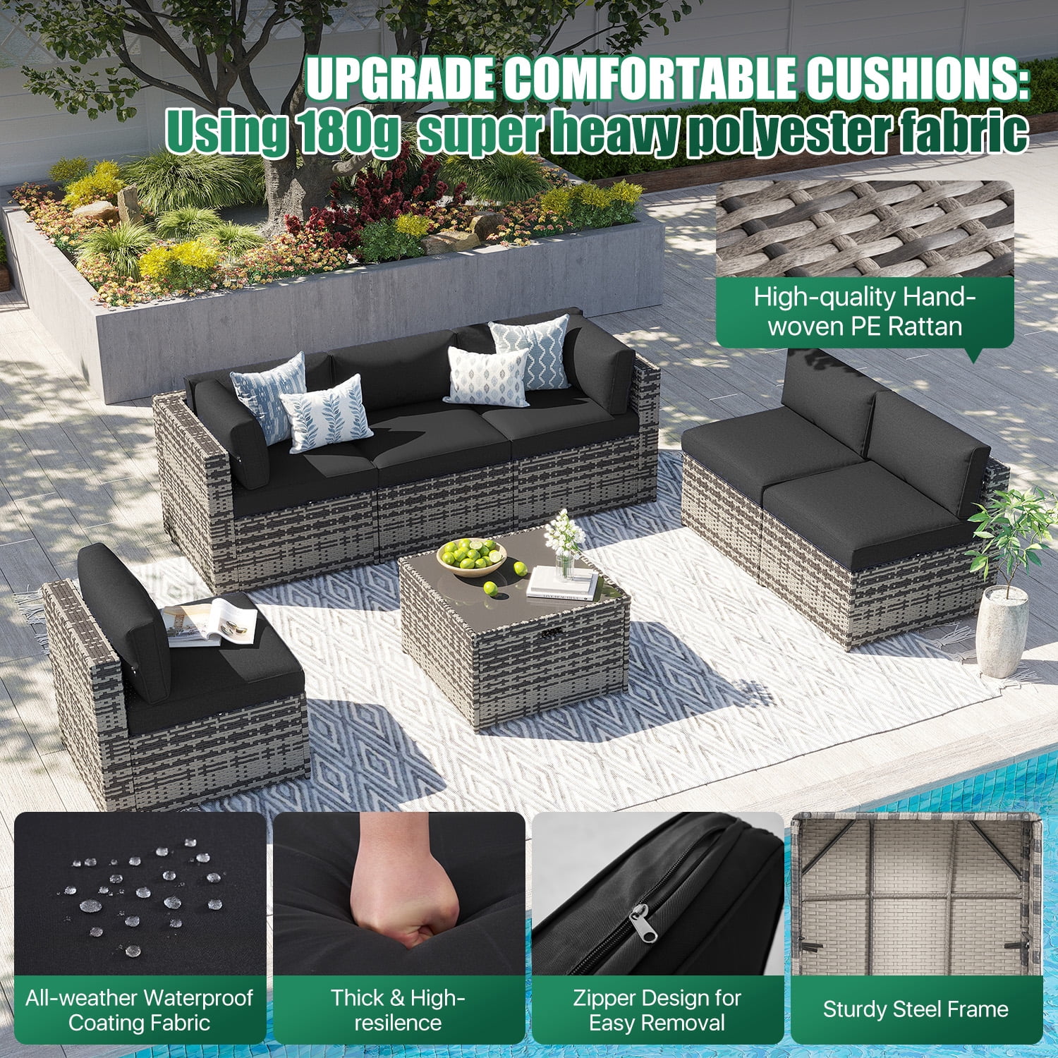 LazySunsets 7 Piece Outdoor Patio Furniture Set, Wicker Rattan Patio Sectional Sofa Set, Black