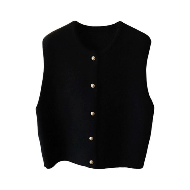 Chaleco de punto, ropa, cuello redondo, diseño retro, informal, con botones, moderno, camisetas sin mangas para Negro