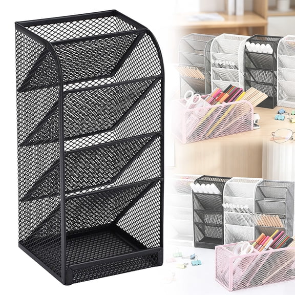 5-Tier Metal Mesh Desk Organizer, 8.04*3.74 Inch Multi-Layer Stationery Holder, Desktop Pen Storage & Makeup Brushes Organizer, Cosmetic Organizer, Office Caddy Storage for Writing Utensils, Black