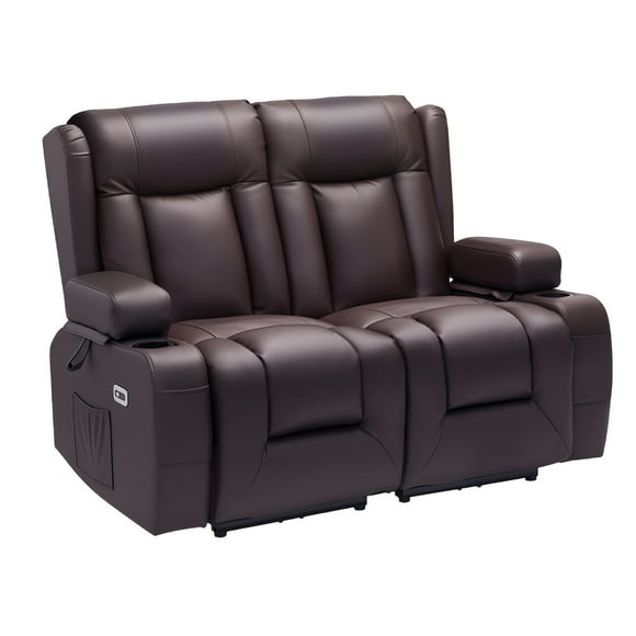VEVOR Loveseat Recliner Sofa, Power Reclining Couch with Heating & Massage and Timer, PU Leather Electric Recliner Sofa with USB Ports, Cup Holders and Side Bags