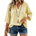 thumbnail image 6 of Women's Plus Size Gingham Blouses V Neck 3/4 Sleeve Loose Tunic Shirts Work office Casual Summer Tops Lightweight Everyday Plaid Shirts Yellow, 6 of 7