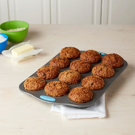 - Tasty 12 Cup Non-Stick Muffin Pan with Blue Silicone Handles