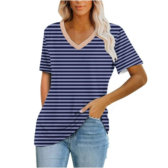Scyoekwg Womens Summer Short Sleeve Tops V Neck Tshirt Loose Stripe Print Trendy Lightweight Blouses (Blue,XXL)