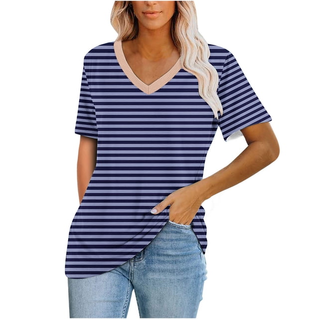 Camisas de Manga Corta para las Mujeres Blusas Estampadas a Rayas Top con Cuello en V, Blusas de Manga Corta para las Mujeres