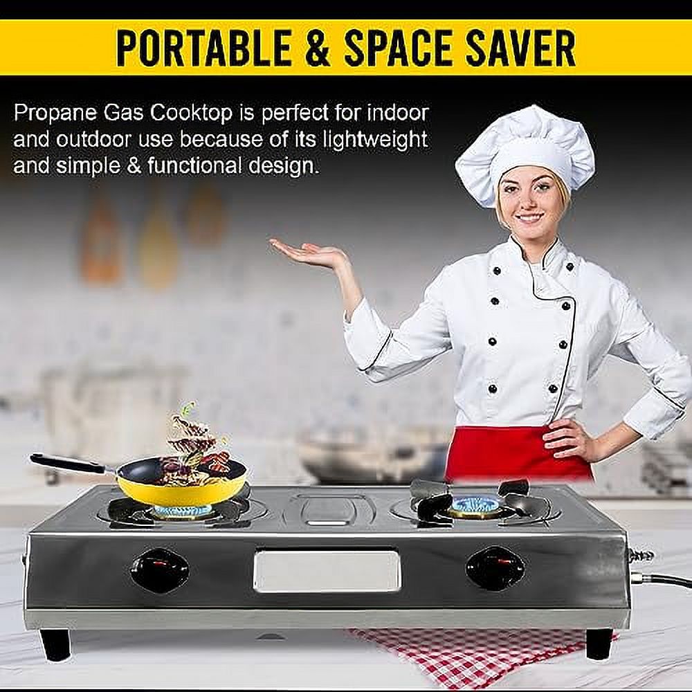Sonret gas stove portable 2 burner, double gas stove stainless steel camping stove -propane portable cooktop indian style gas stove For Cooking Outdoor on 2 burner gas stove - With Hose & Regulator