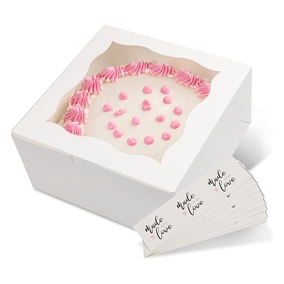 Cake Boxes with Window 10x10x5 Inch - 24 Pack Disposable Cake Containers, White Bakery Boxes with Stickers