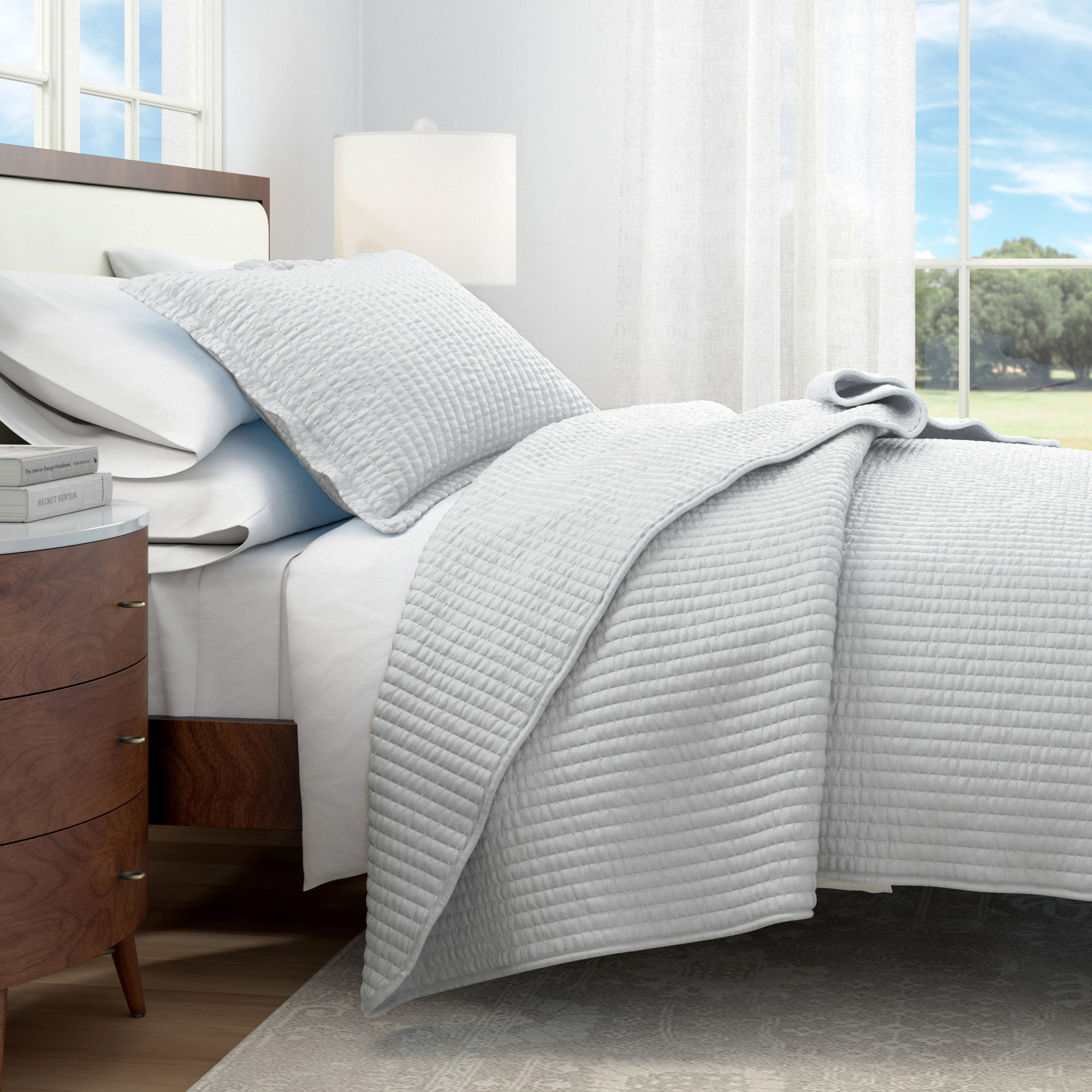 Great Bay Home Detailed Channel Stitch Microfiber All-Season Quilt Set With Shams (Full / Queen, Baby Blue)