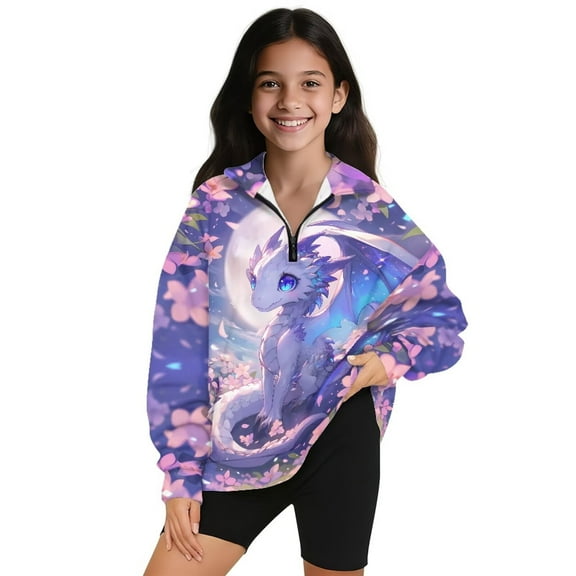 Uorisanigo Kids Sweatshirt Girls Half Zip Collar Sweatshirts Lightweight Floral Dragon Print Long Sleeve Pullover Tops for Vacation Shopping Exercise Wear Trendy Clothes, 5-14 Years