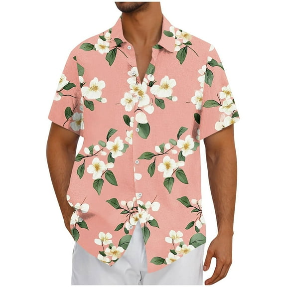 Chiccall Mens Plus Size Hawaiian Graphic Shirts Summer Short Sleeve Button Down Casual Tropical Beach Shirt Pink