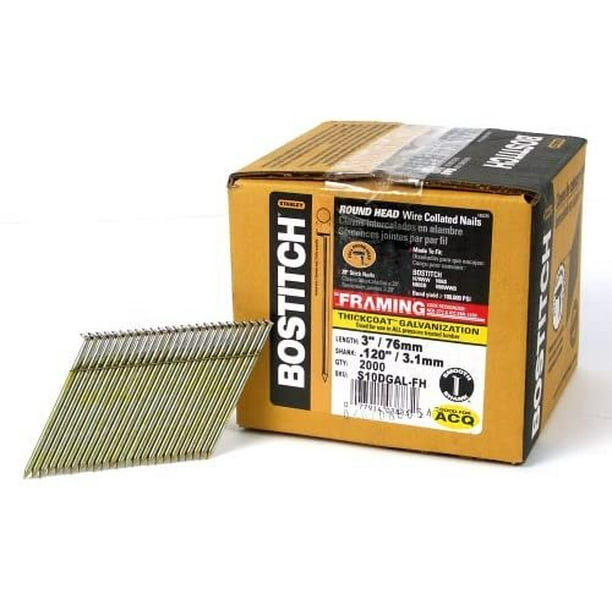 BOSTITCH Framing Nails, 28 Degree, Wire Weld, Galvanized, 3Inch x .120Inch, 2000Pack S10DGAL