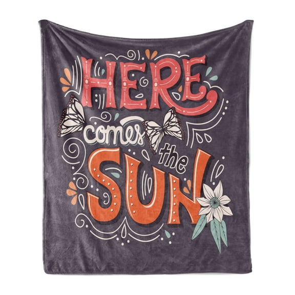 Here Comes the Sun Soft Flannel Fleece Throw Blanket, Vintage Design of Calligraphy in a Spring Theme Flowers Butterflies, Cozy Plush for Indoor and Outdoor Use, 50" x 60", Multicolor, by Ambesonne