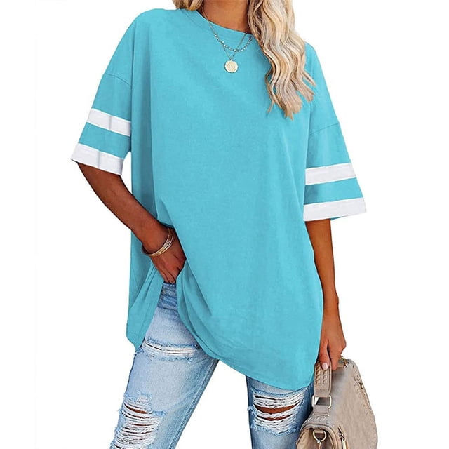 ICHUANYI Clearance Womens Oversized Tees Loose T Shirts Half Sleeve Round Neck Color BlockTunic Tops(Light Blue, XXL) ICHUANYI WER2023081016383