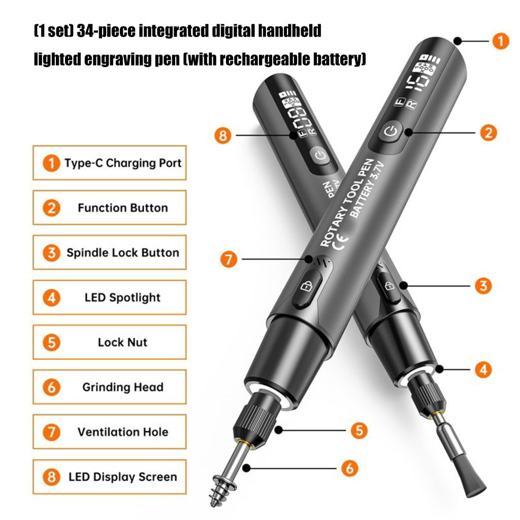 PatungKu 34 in 1 Digital Engraving Pen with LED Light 6 Speed Adjustment 16000 WHIRLS Rechargeable Forward Reverse Function for Accuracy Control