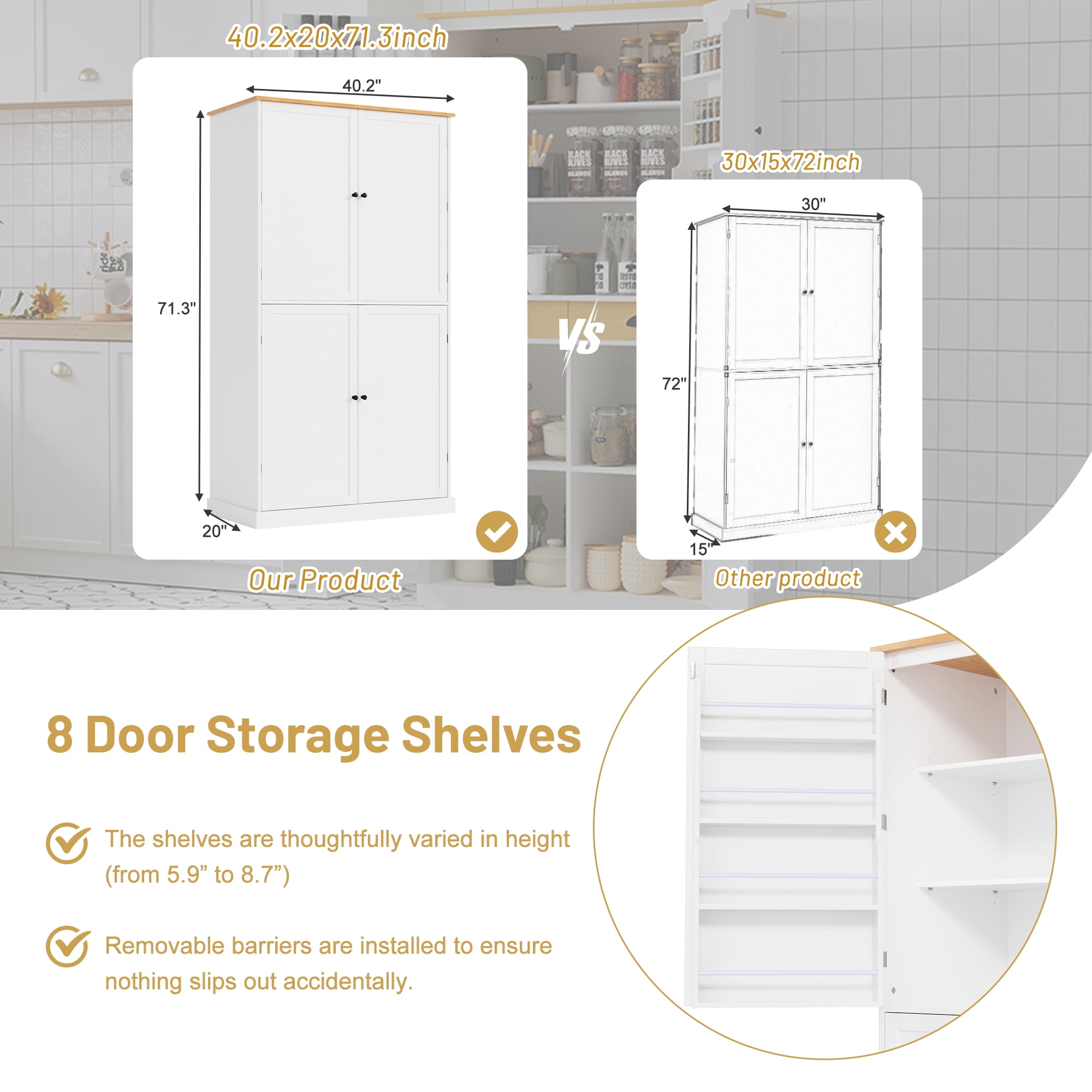 Harper & Bright Designs Farmhouse Kitchen Pantry Door Shelves, Freestanding Tall Cupboard Storage Cabinet with 3 Adjustable Shelves and 3 Drawers for Dining Room Kitchen, Gray