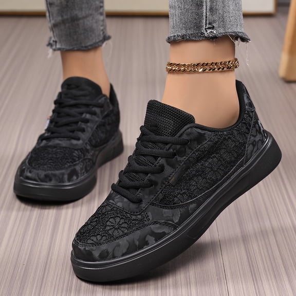 Lace Mesh Skate Shoes, Breathable Sneakers, Low-Top Athletic Shoes Casual Sneakers–Lightweight Non-Slip Athletic Footwear for Running, Walking, and Training, Spring Summer, Women Shoes, Black 5