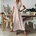 thumbnail image 4 of Evdexr Womens Linen Dresses Cotton Maxi Dresses Solid Colour Flowy V Neck Short Sleeve Retro Dress Plus Size Long Baggy 2025 Shirt Dress with Pockets Beige 2XL, 4 of 7