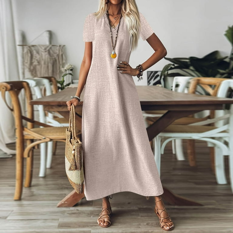 Evdexr Maxi Shirt Dresses for Womens Linen Cotton Shirt Dress V Neck Short  Sleeve Flowy Solid Colour A-Line Dress Oversized Loose Flowy Summer Dresses  ...