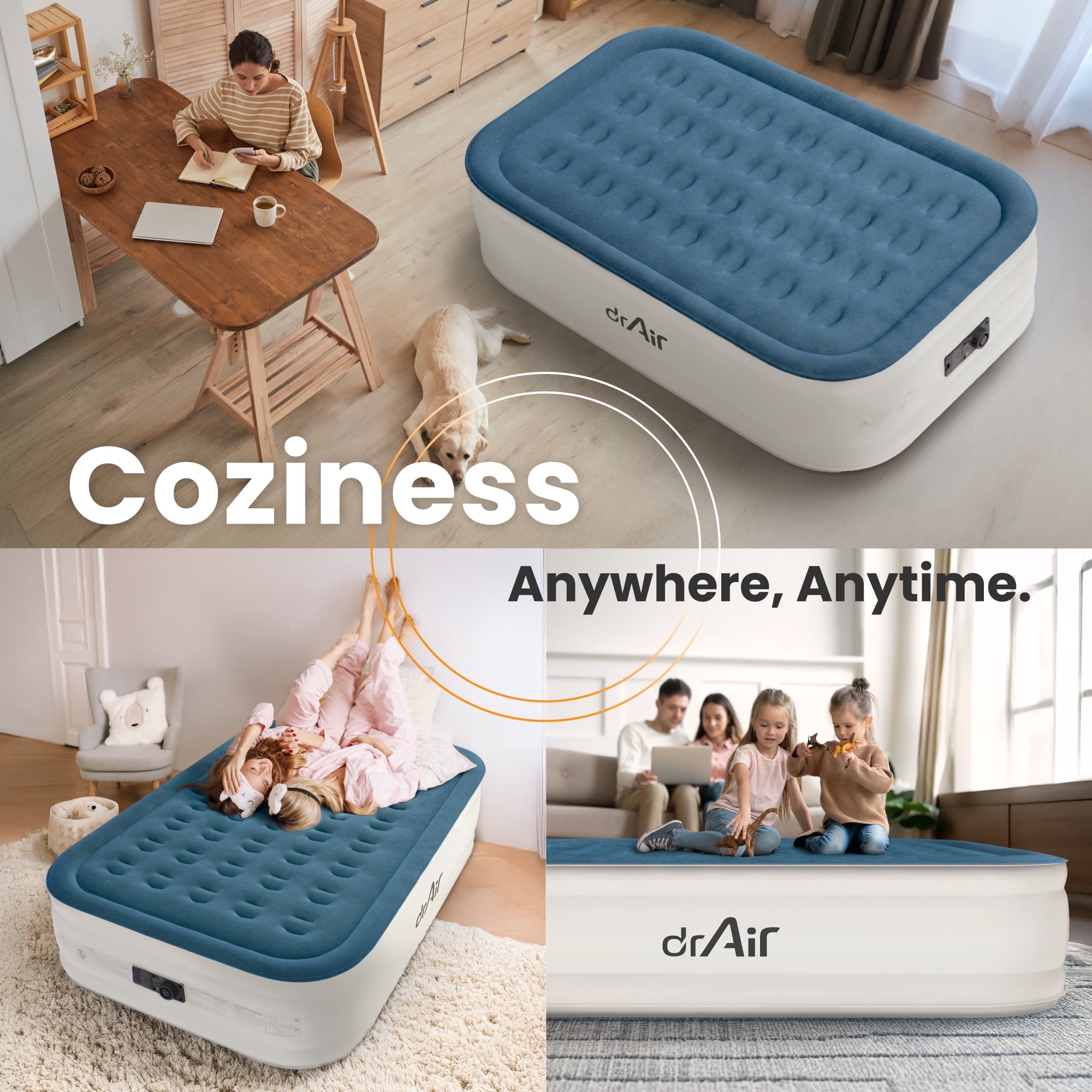 Dr. Air Full Air Mattress, 18” Raised Inflatable Bed with Built-in Pump, Waterproof Velvety Top, Ergonomic Design, Reinforced Support, and Carry Bag for Home, Camping, and Guests